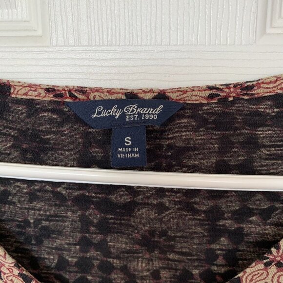 Lucky Brand Women's Shirt Top Size Small Black Tan Red 1/2 Sleeve Crochet - Picture 6 of 10